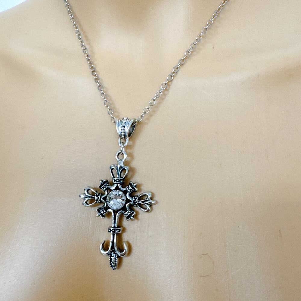 Vintage Silver Gothic Cross Necklace, Zircon Inlaid Anchor &Fleur-de-lis Pendant